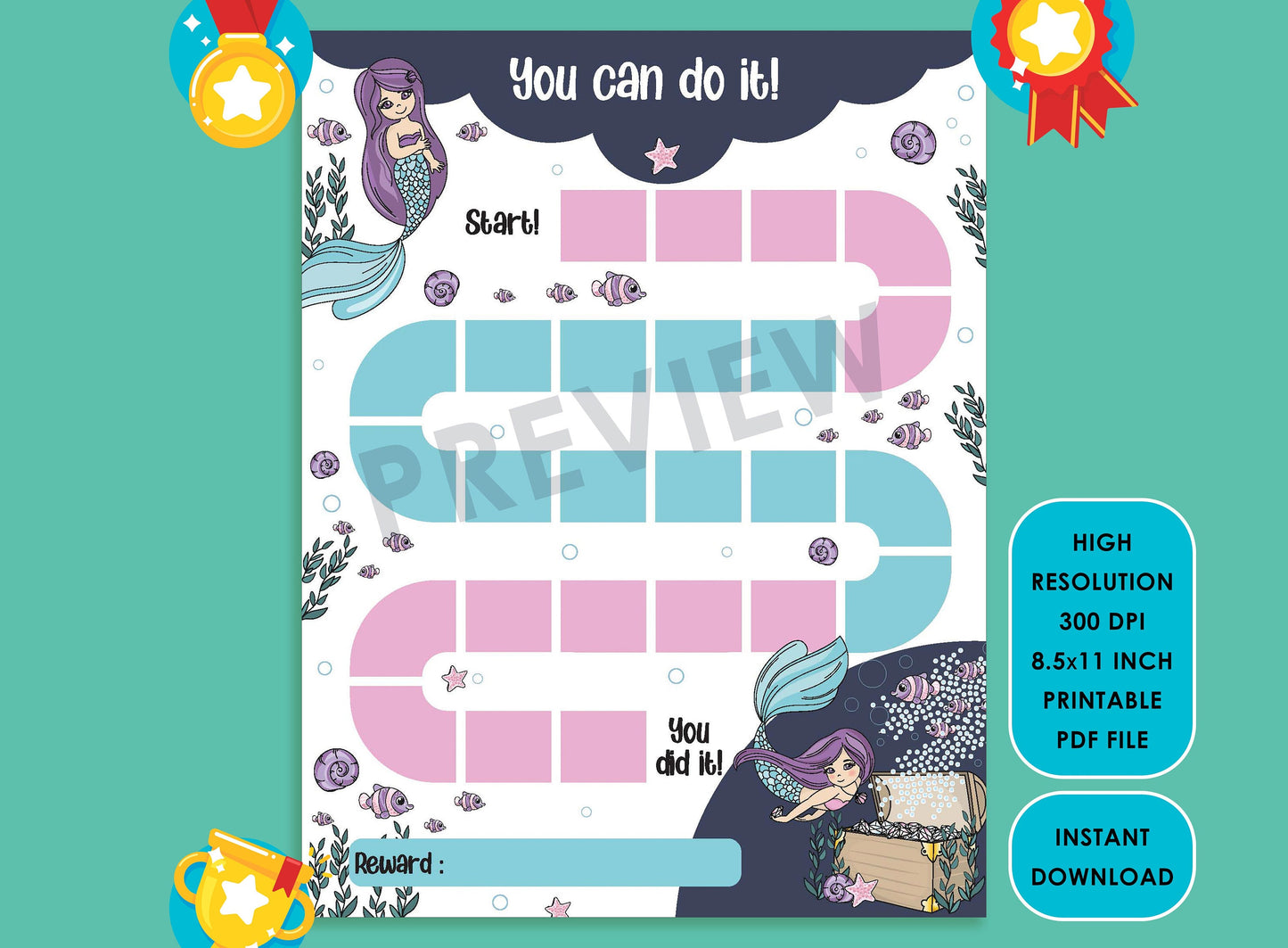 Printable Mermaid Reward Chart, Underwater Life Behavior Chart, Girl Chore Chart, Chore Chart for Kids, Responsibility Chart, Sticker Chart