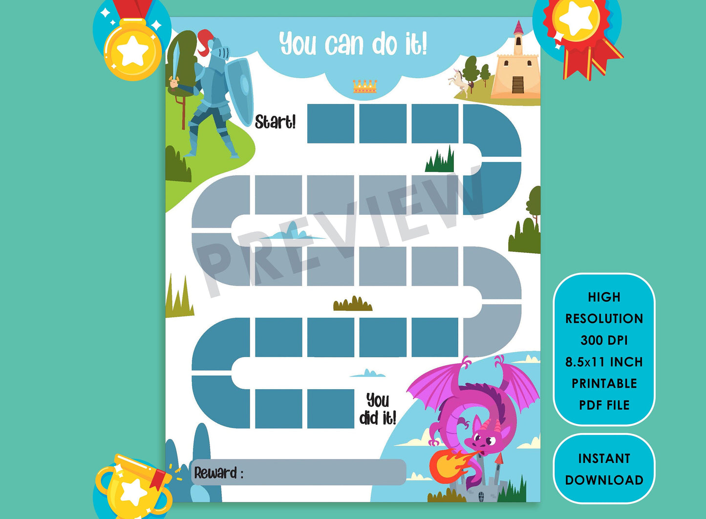 Printable Dragon Fighting Reward Chart, Knight Behavior Chart, Boy Chore Chart, Chore Chart for Kids, Responsibility Chart, Sticker Chart