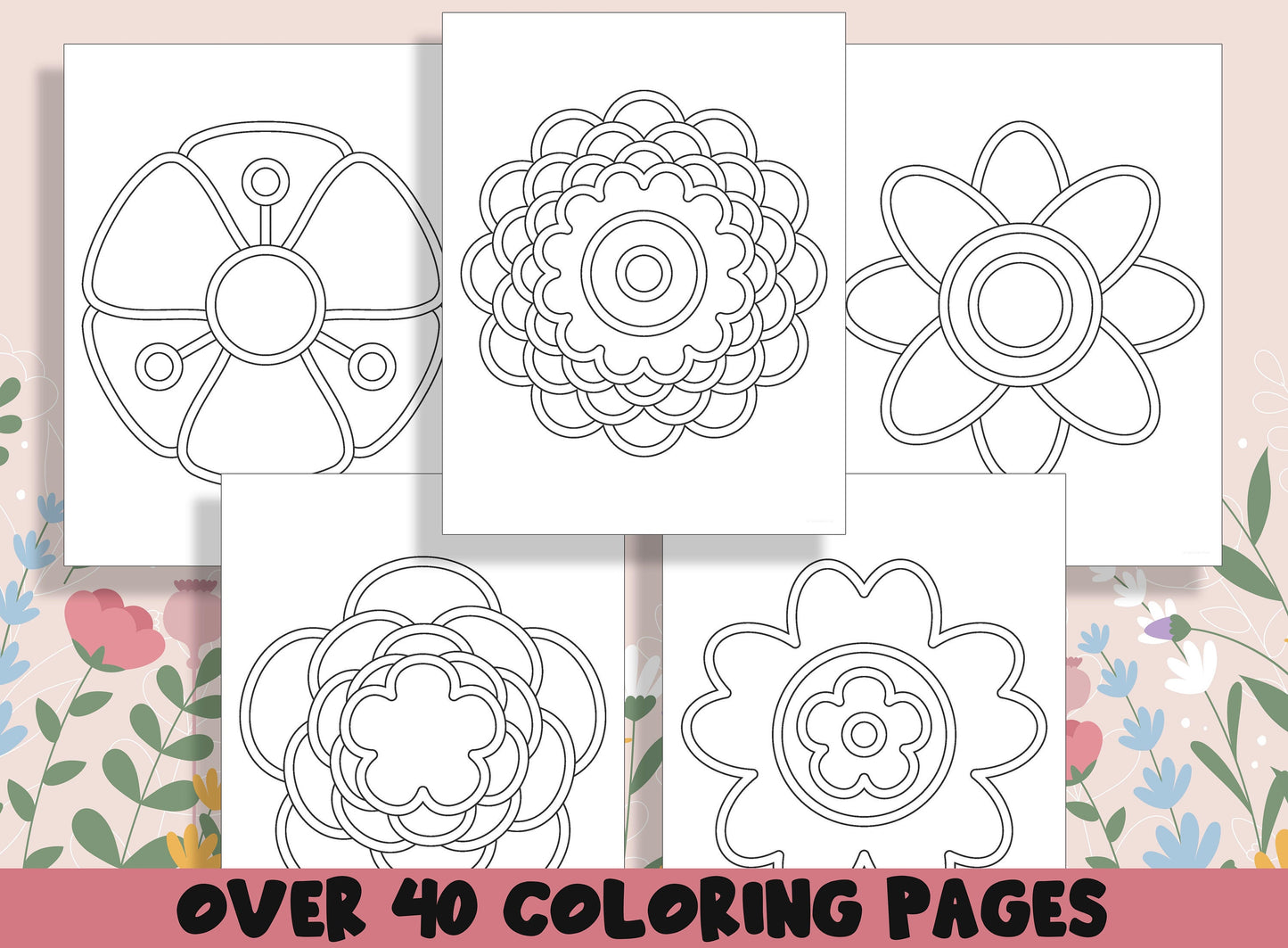 Flower Mandalas Coloring Book, 40 Printable Simple Spring Flower Coloring Pages for Kids, Teaching Materials, Stress Relief and Relaxation