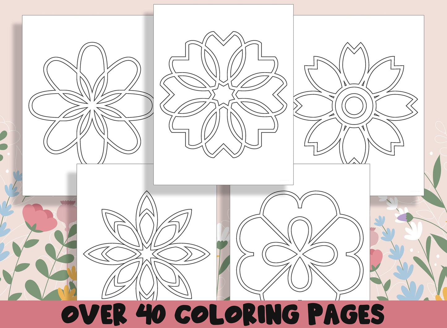 Flower Mandalas Coloring Book, 40 Printable Simple Spring Flower Coloring Pages for Kids, Teaching Materials, Stress Relief and Relaxation