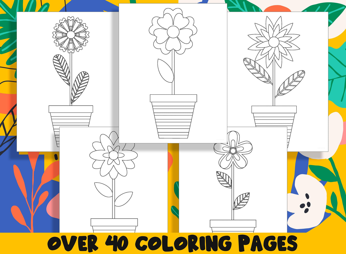 Summer Flowers in Pots Coloring Book, 40 Printable Flower Coloring Pages for Kids, Teaching Materials, Stress Relief and Relaxation