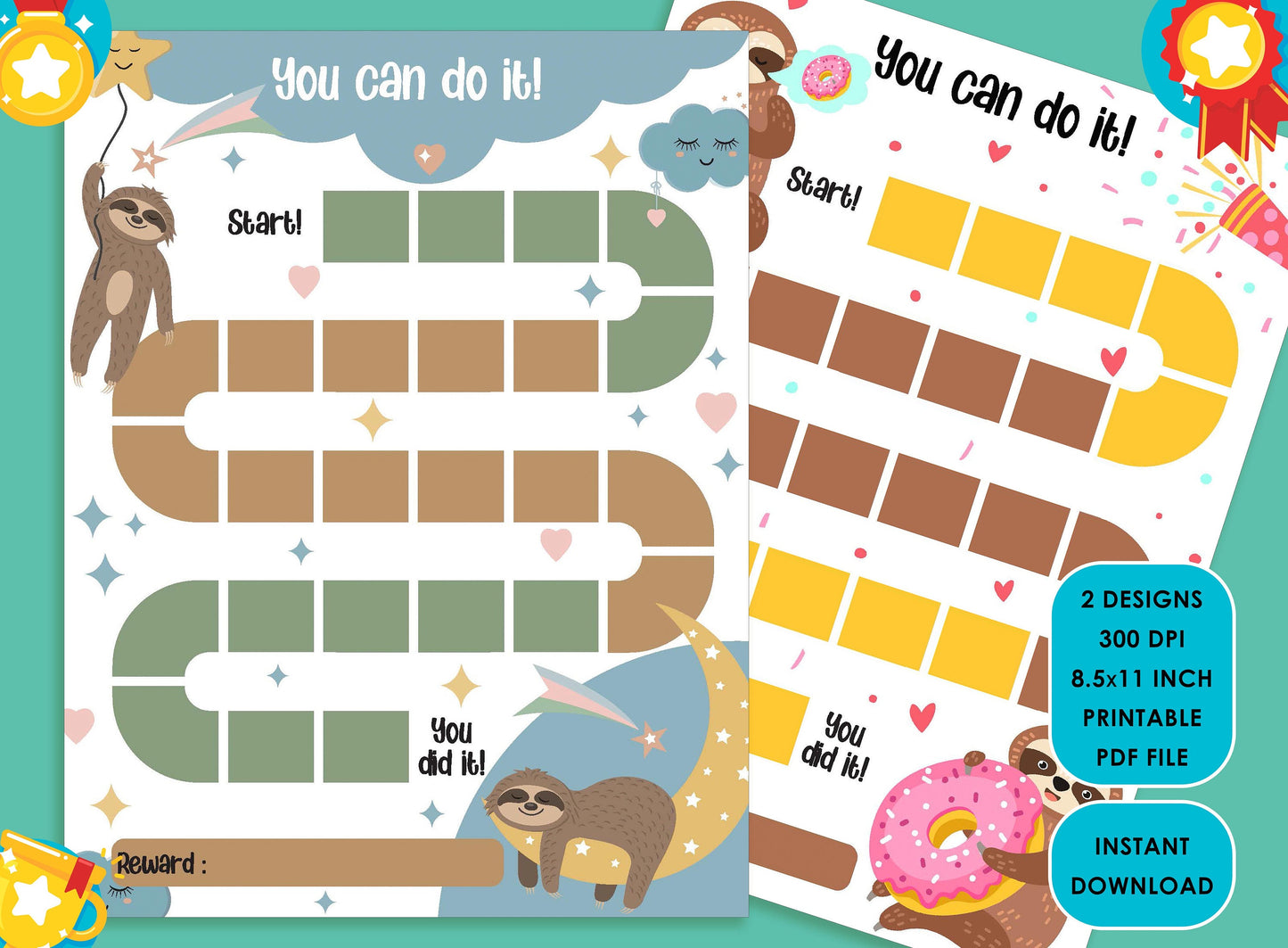 Printable Sloth Reward Chart, Soth in the sky among cloud, star, rainbow, Get your kids organized with their housework with this chore chart