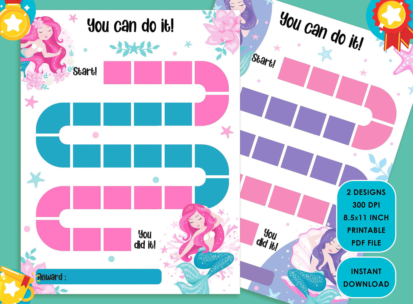 Printable Mermaid Reward Chart, Beautiful mermaid with pink flower/shell, Get your kids organized with their housework with this chore chart