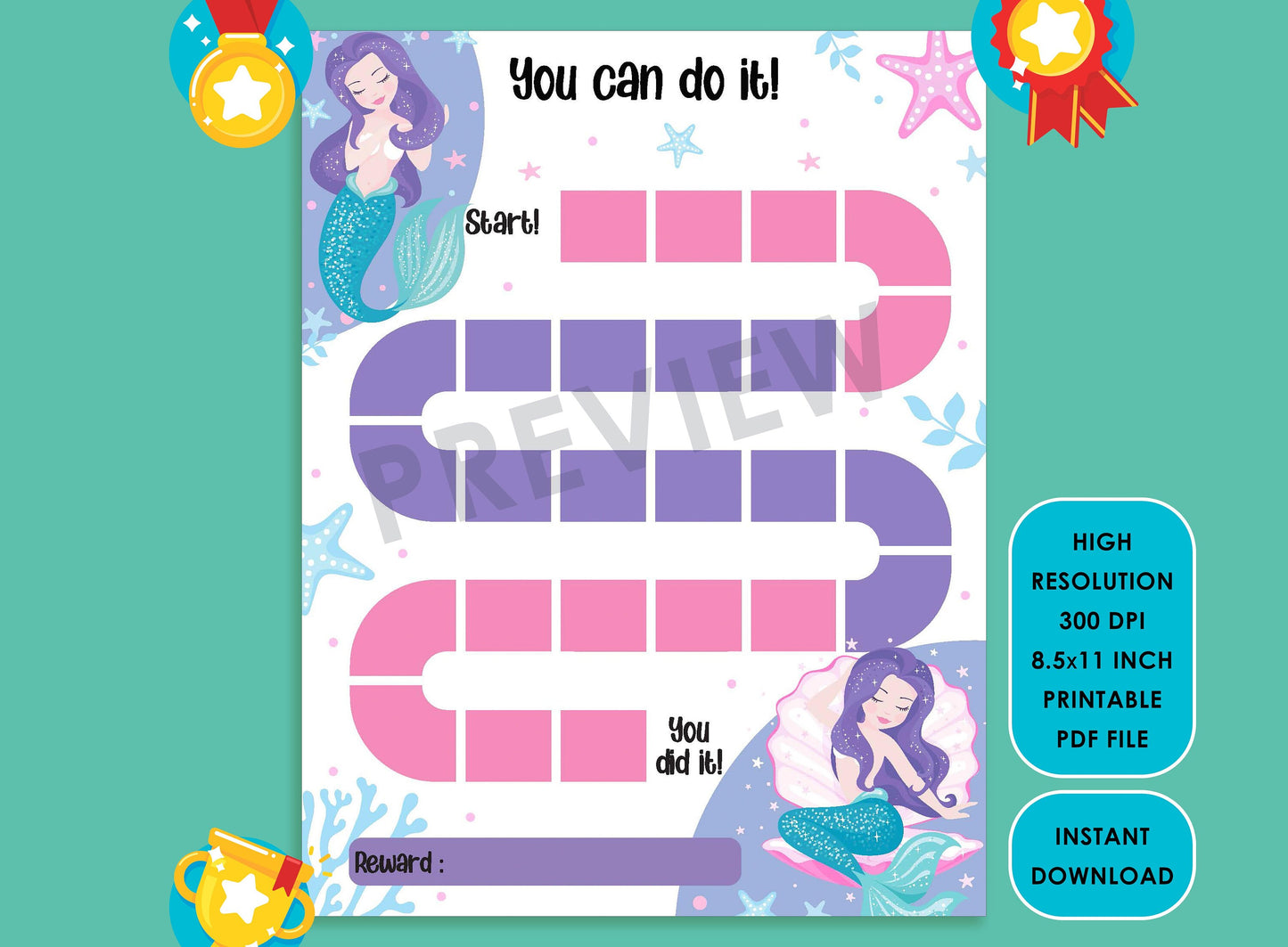 Printable Mermaid Reward Chart, Beautiful mermaid with pink flower/shell, Get your kids organized with their housework with this chore chart
