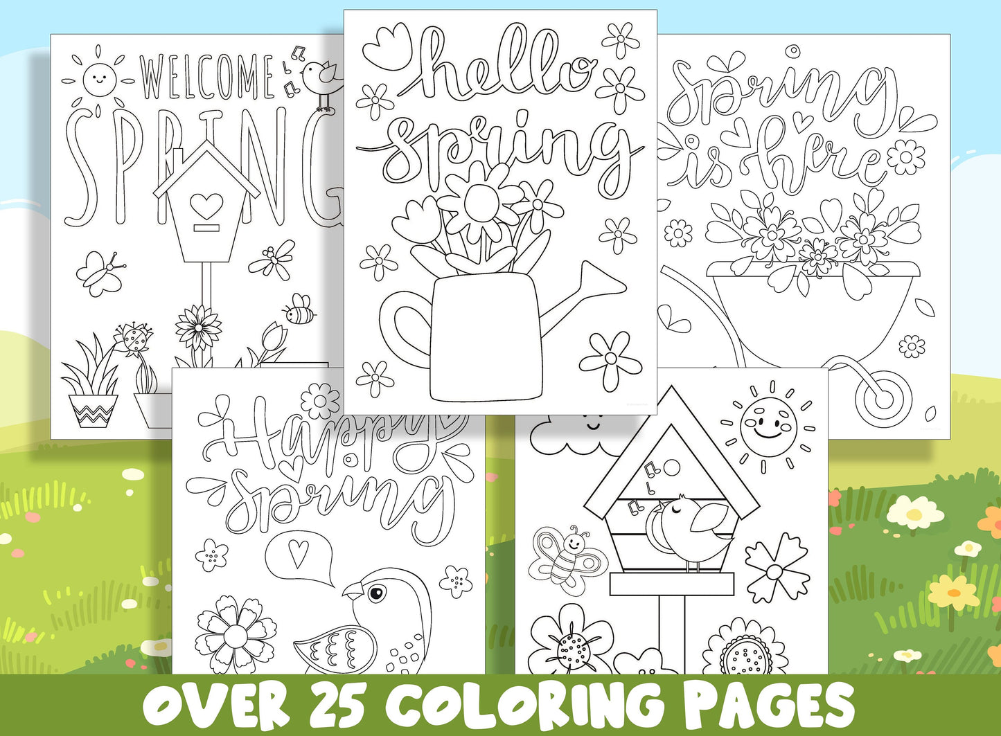 Spring Coloring Book, 25 Printable Spring Elements/Easter Coloring Pages for Kids, Teaching Materials, Stress Relief and Relaxation