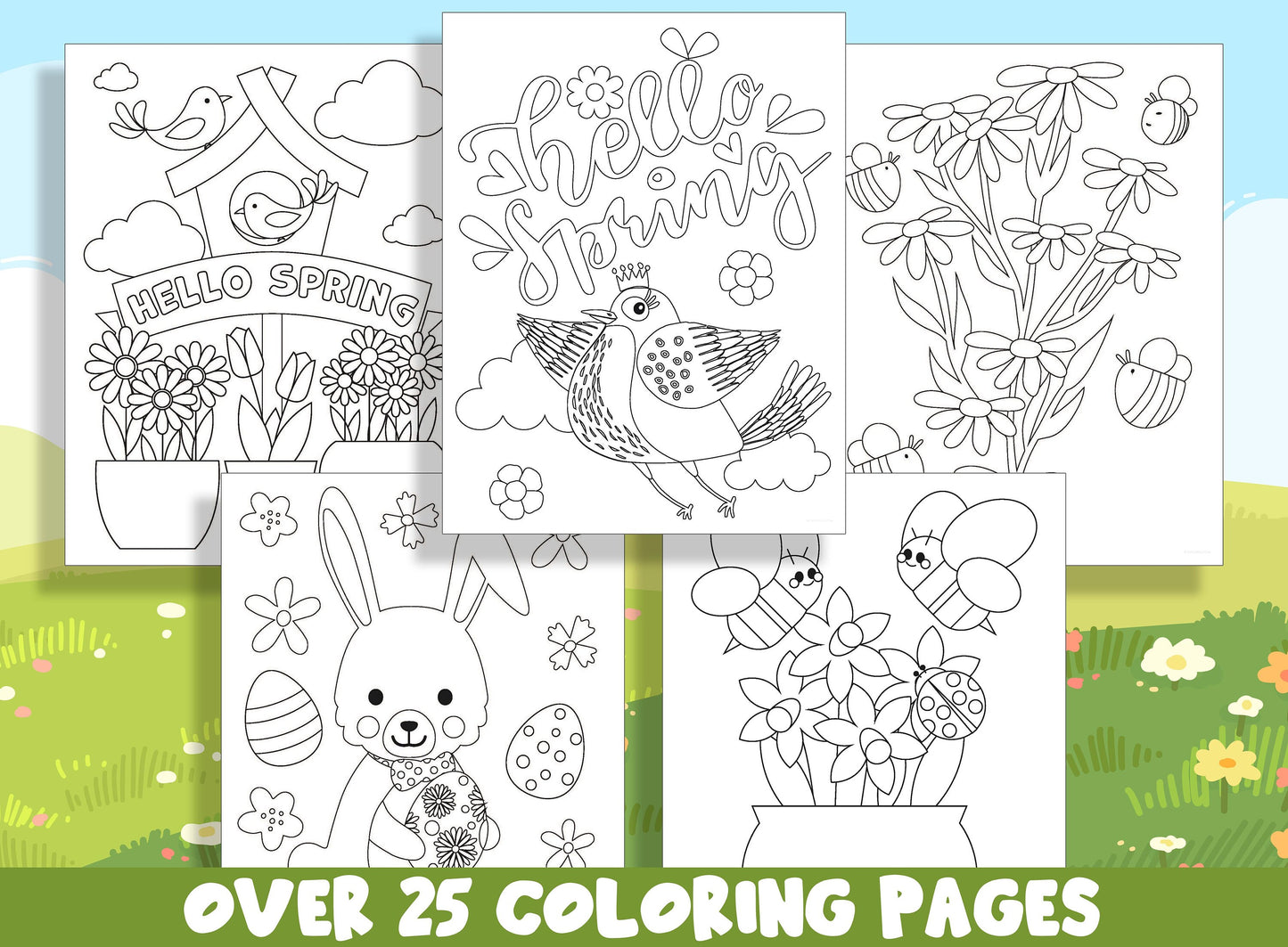 Spring Coloring Book, 25 Printable Spring Elements/Easter Coloring Pages for Kids, Teaching Materials, Stress Relief and Relaxation