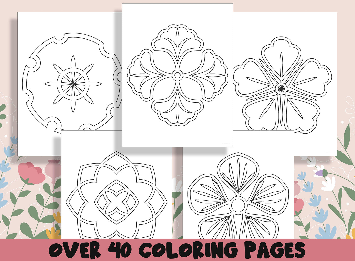 Flower Mandalas Coloring Book, 40 Printable Simple Spring Flower Coloring Pages for Kids, Teaching Materials, Stress Relief and Relaxation
