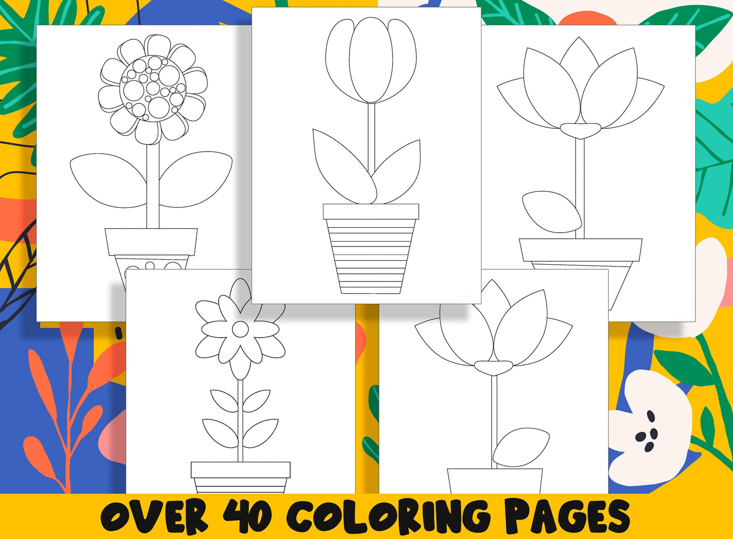 Summer Flowers in Pots Coloring Book, 40 Printable Flower Coloring Pages for Kids, Teaching Materials, Stress Relief and Relaxation