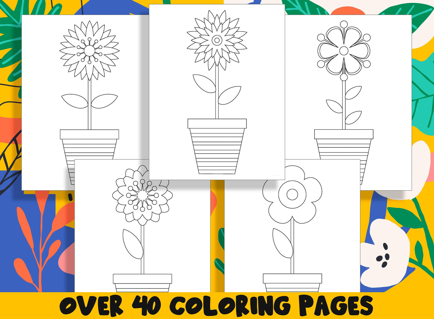 Summer Flowers in Pots Coloring Book, 40 Printable Flower Coloring Pages for Kids, Teaching Materials, Stress Relief and Relaxation
