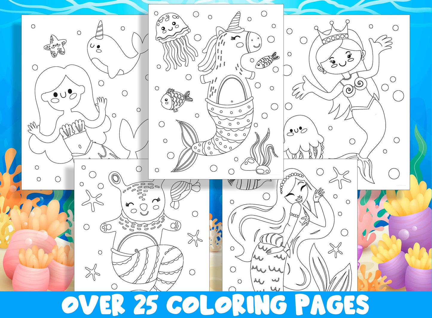 Mermaid Coloring Book, 25 Printable Beautiful Mermaid Coloring Pages For Kids, Under The Sea Teaching Materials, Stress Relief & Relaxation
