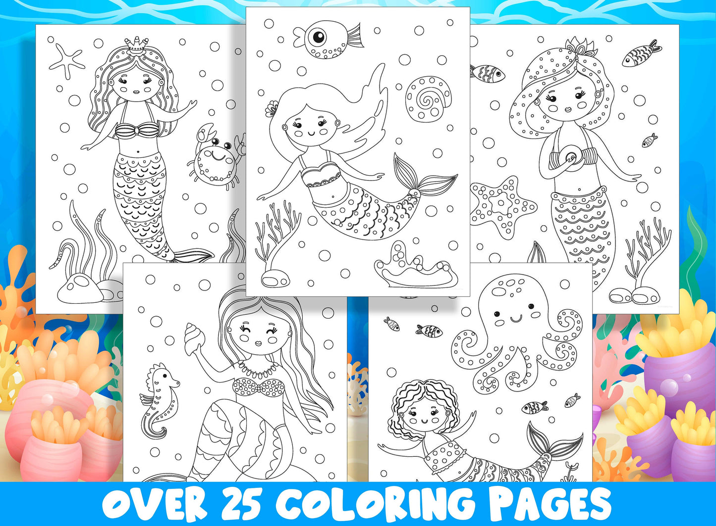 Mermaid Coloring Book, 25 Printable Beautiful Mermaid Coloring Pages For Kids, Under The Sea Teaching Materials, Stress Relief & Relaxation