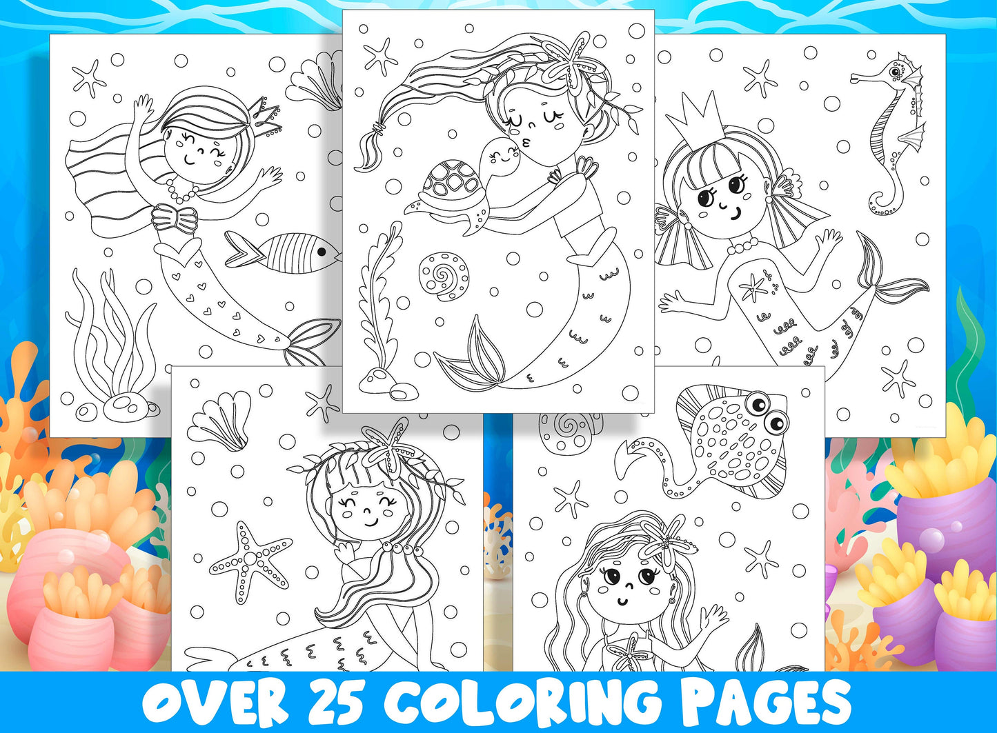 Mermaid Coloring Book, 25 Printable Beautiful Mermaid Coloring Pages For Kids, Under The Sea Teaching Materials, Stress Relief & Relaxation