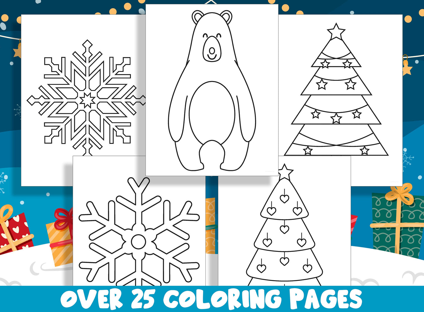 Simple Christmas Coloring Book, 25 Printable Christmas Coloring Pages for Preschool Kindergarten Elementary School Children to Print & Color