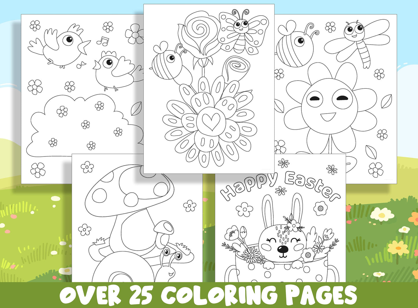 Spring Coloring Book, 25 Printable Spring Elements/Easter Coloring Pages for Kids, Teaching Materials, Stress Relief and Relaxation
