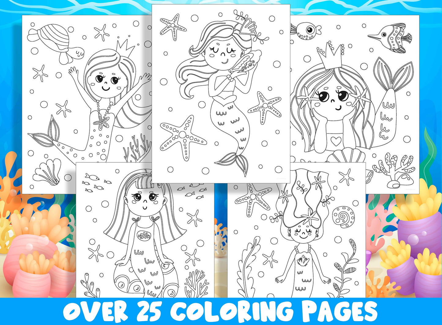 Mermaid Coloring Book, 25 Printable Beautiful Mermaid Coloring Pages For Kids, Under The Sea Teaching Materials, Stress Relief & Relaxation