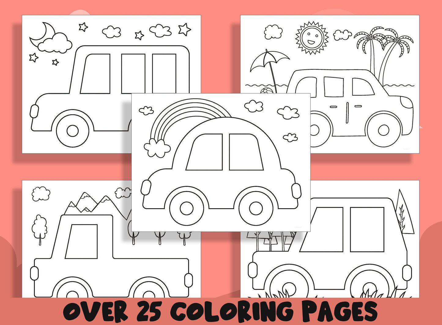 Car Coloring Pages, 25 Printable Cute Car Coloring Pages for Preschool, PreK and Kindergarten Children, Instant PDF Download