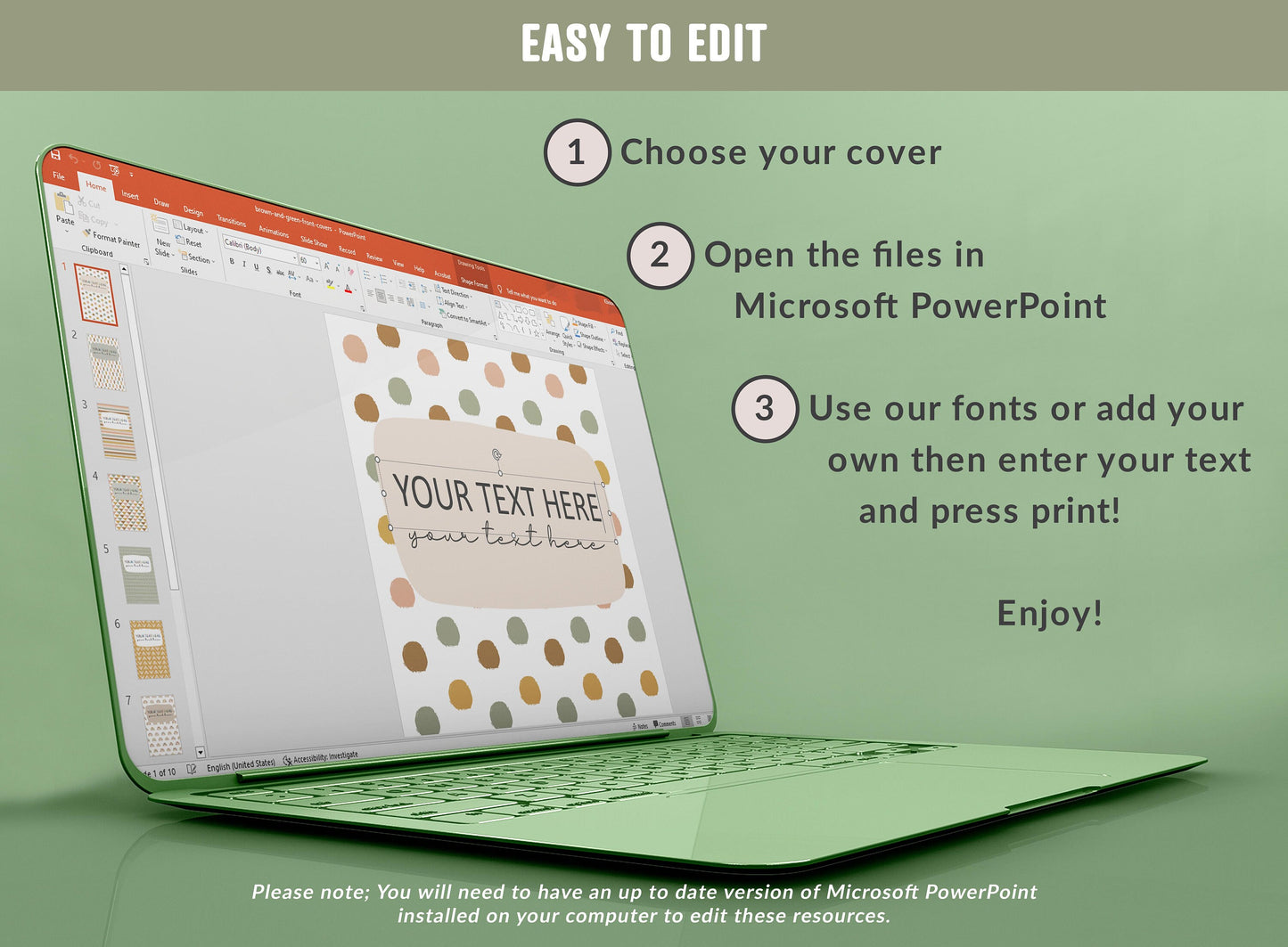 PowerPoint Binder Covers, 10 Printable/Editable Brown and Green Covers & Spines, Binder/Planner Inserts for Teacher, Student, Home School