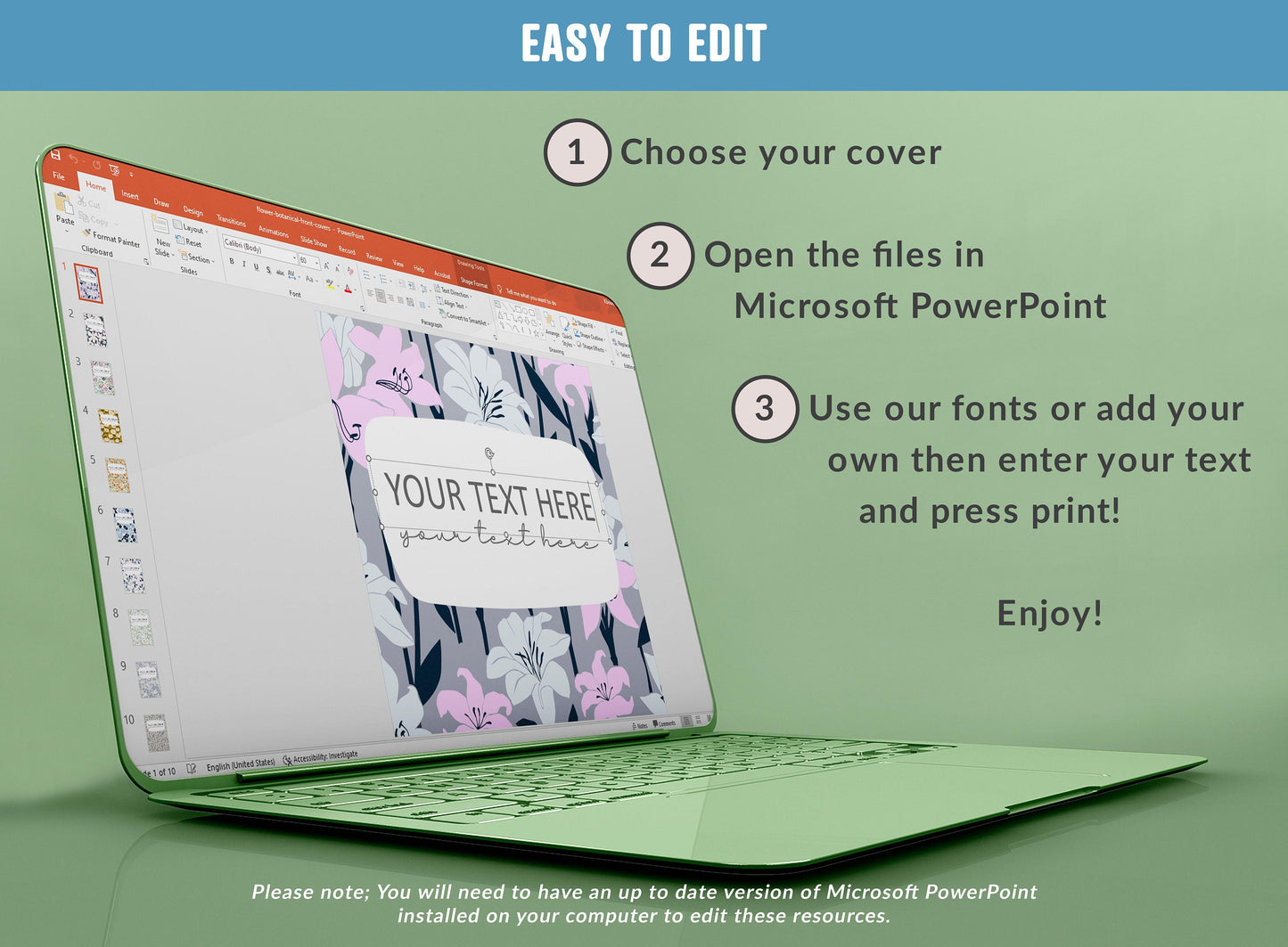 PowerPoint Binder Covers, 10 Printable/Editable Flower Botanical Covers+Spines, Binder/Planner Inserts for Teacher, Student, Home School