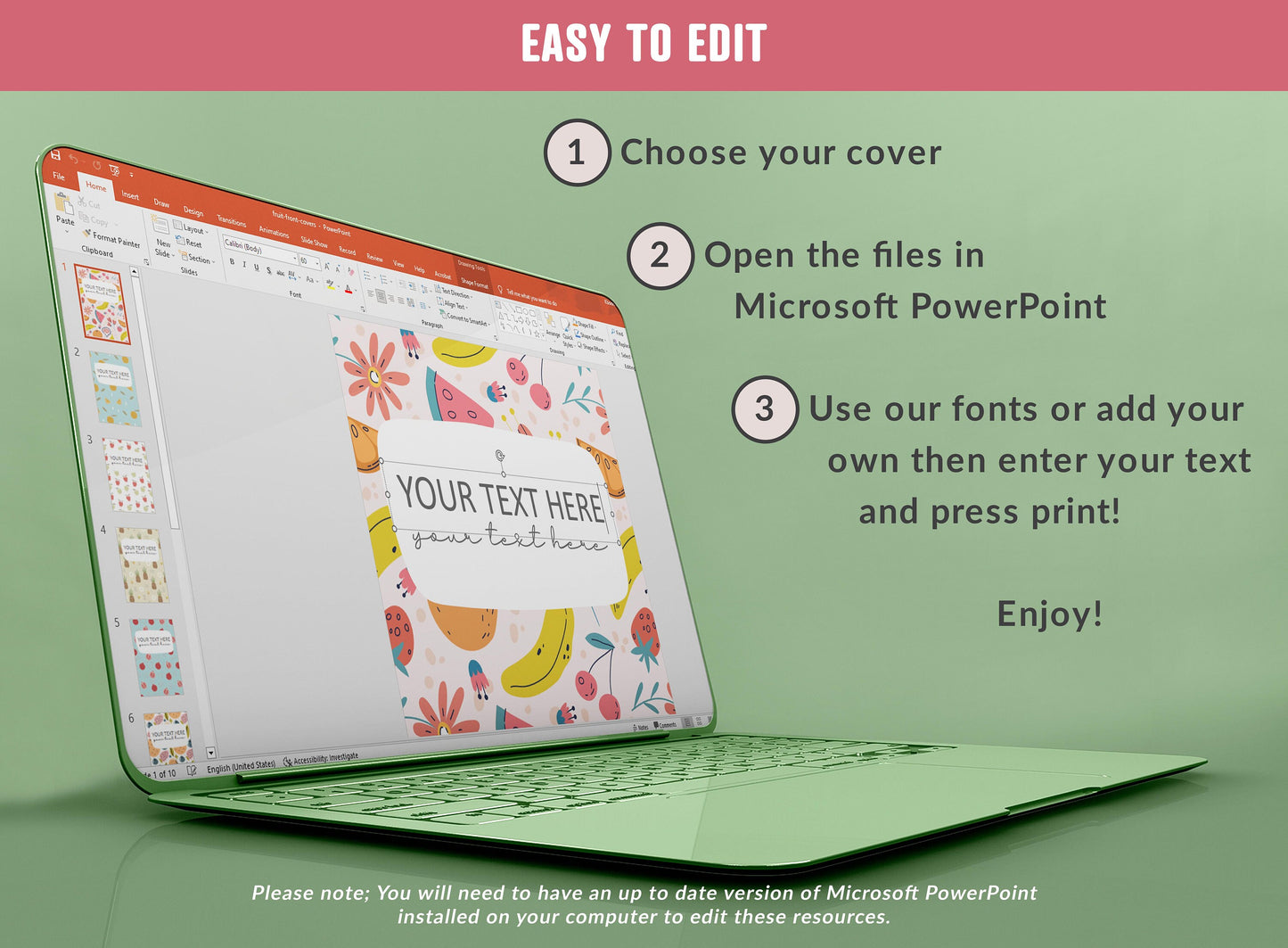 PowerPoint Binder Covers, 10 Printable/Editable Fruit Binder Covers+Spines, Binder/Planner Inserts for Teacher, Student, Home School