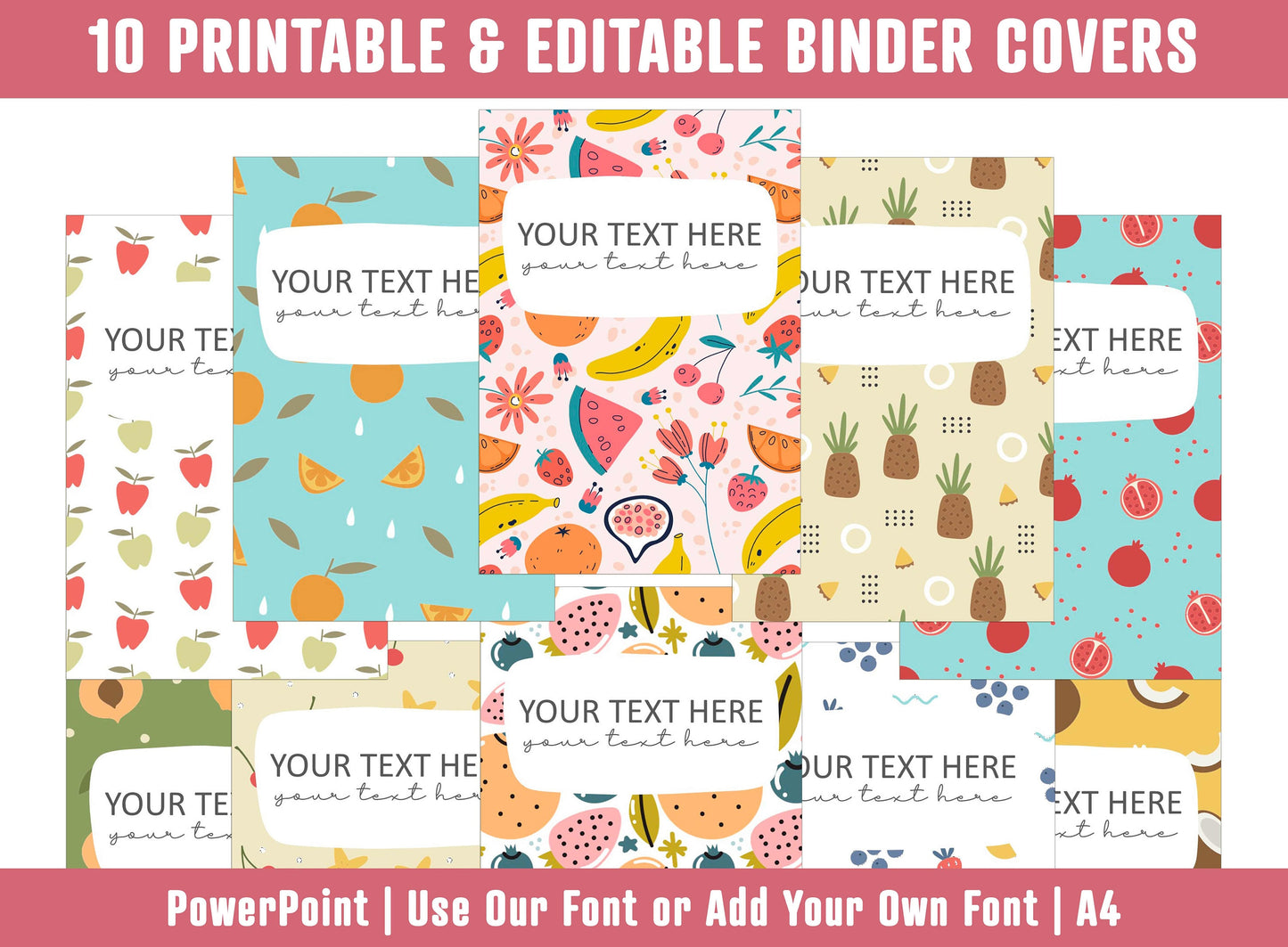 PowerPoint Binder Covers, 10 Printable/Editable Fruit Binder Covers+Spines, Binder/Planner Inserts for Teacher, Student, Home School