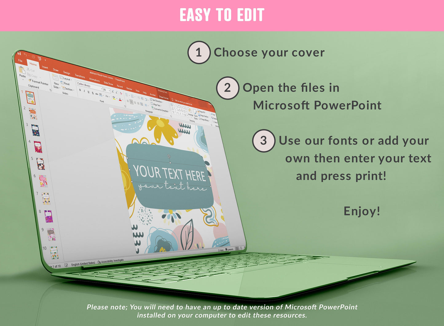 PowerPoint Binder Covers, 10 Printable/Editable Abstract Floral Covers & Spines, Binder/Planner Inserts for Teacher, Student, Home School
