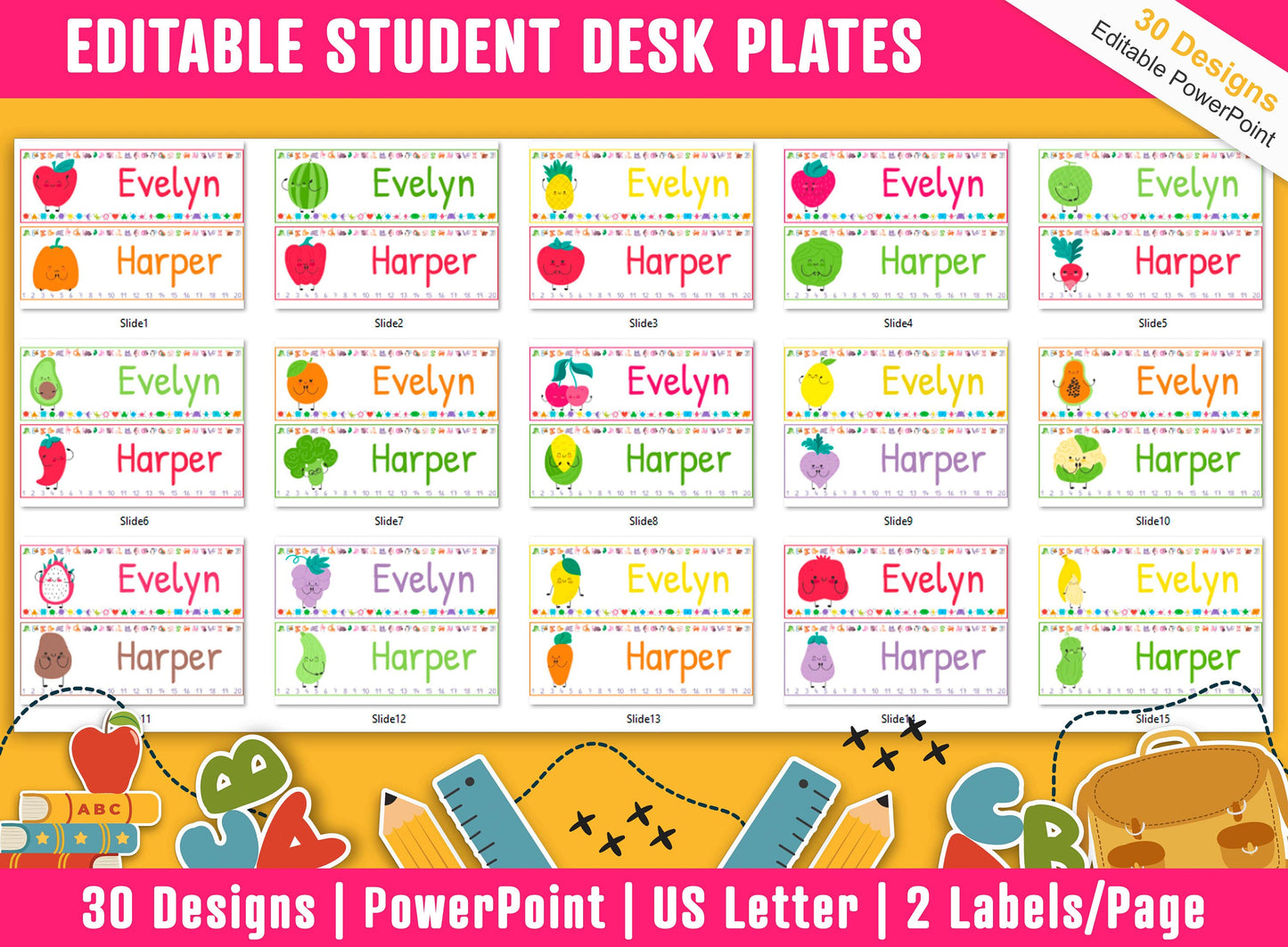 Student Desk Plates, 30 Printable/Editable Fruits and Vegetables Classroom Name Tags/Name Plates, a Helpful Addition to Your Classroom