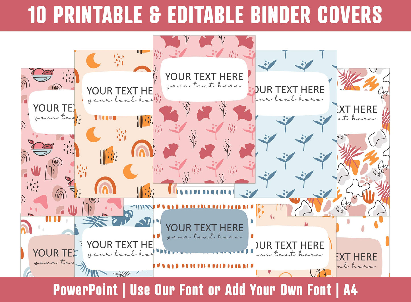 PowerPoint Binder Covers, 10 Printable/Editable Geometric and Floral Covers+Spines, Binder/Planner Inserts for Teacher, Student, Home School