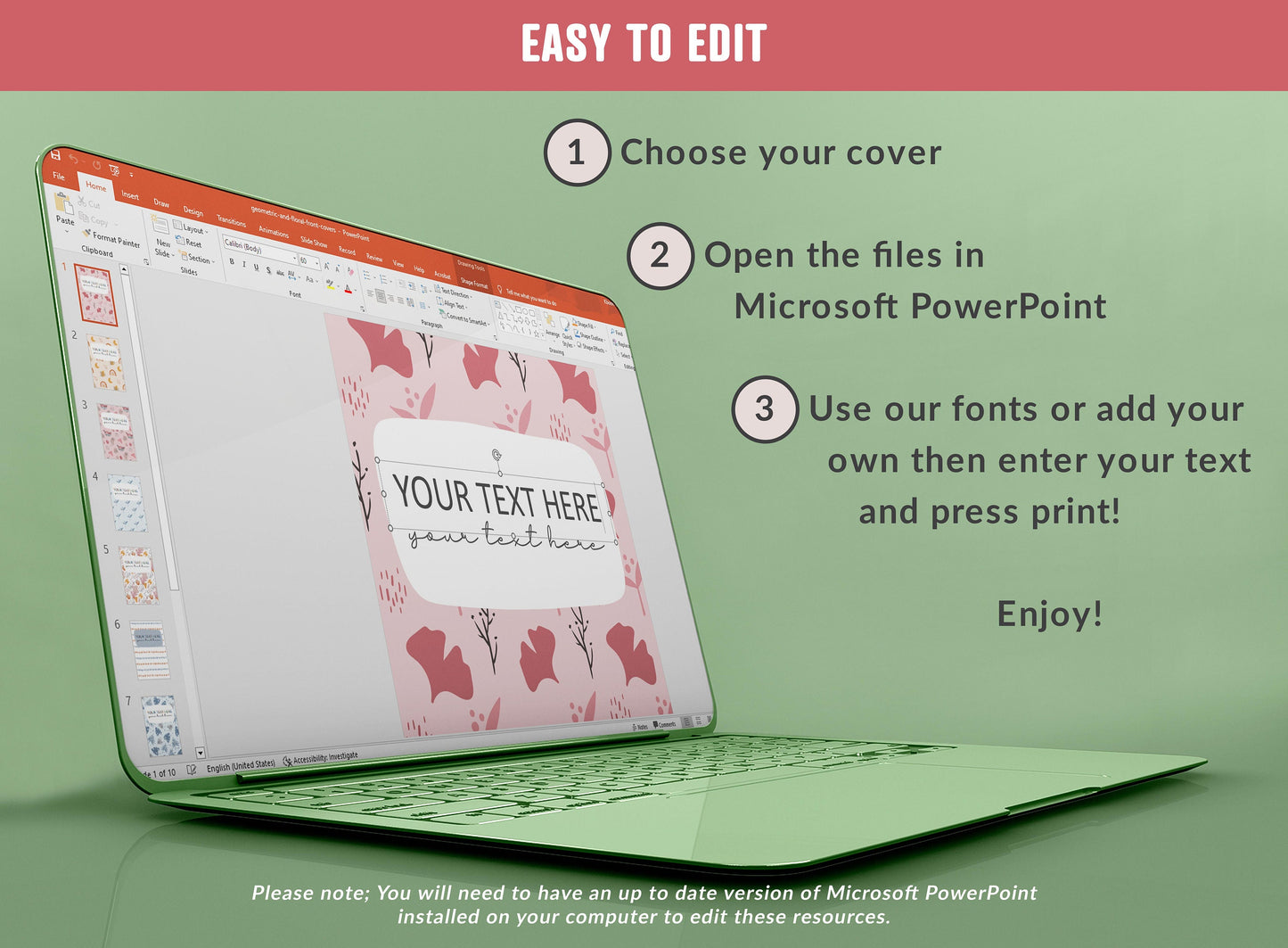 PowerPoint Binder Covers, 10 Printable/Editable Geometric and Floral Covers+Spines, Binder/Planner Inserts for Teacher, Student, Home School