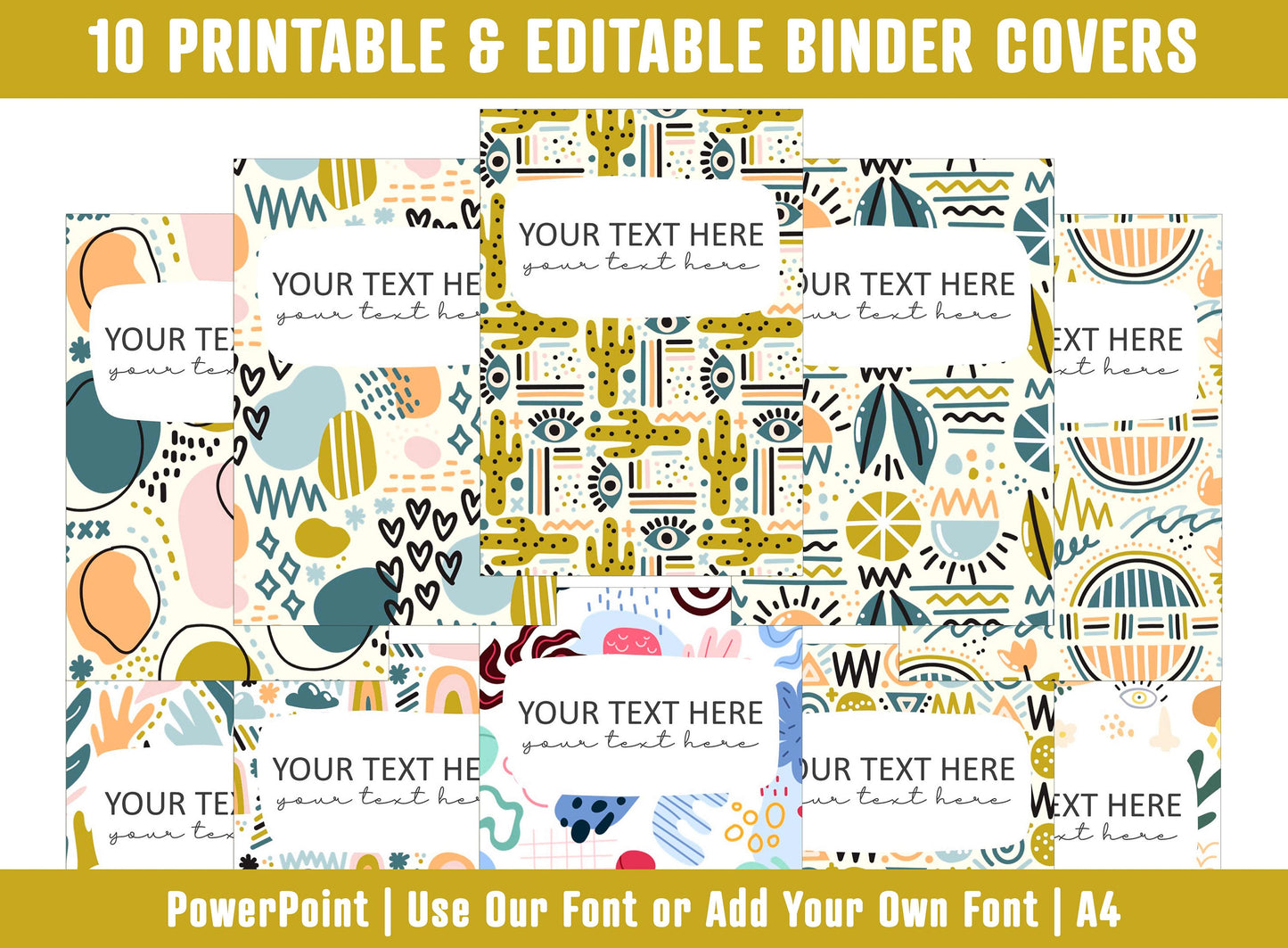 PowerPoint Binder Covers, 10 Printable/Editable Flat Abstract Doodle Covers+Spines, Binder/Planner Inserts for Teacher, Student, Home School