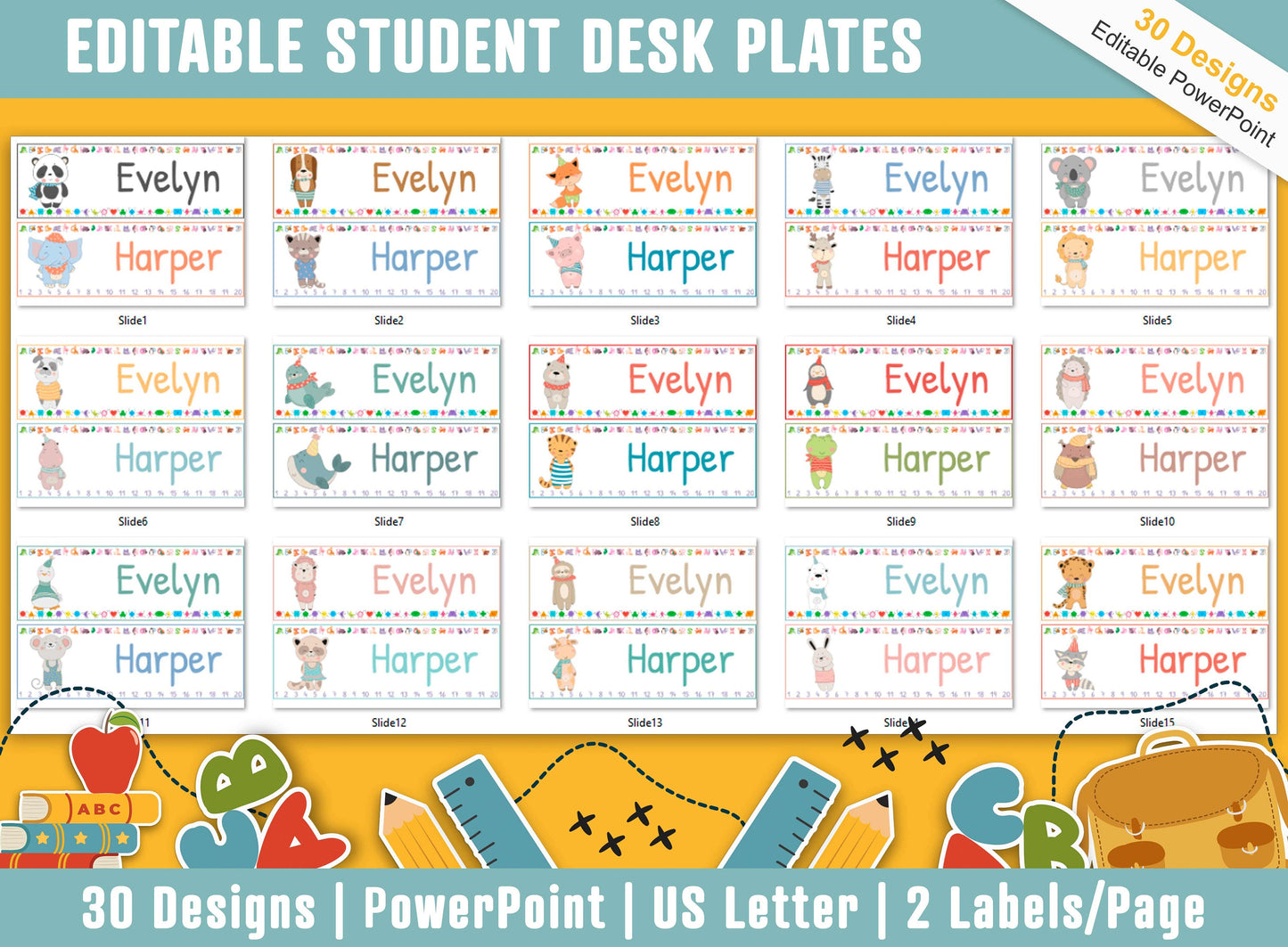 Student Desk Plates, 30 Printable/Editable Cute Cartoon Animals Classroom Name Tags & Name Plates, a Helpful Addition to Your Classroom