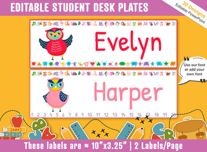 Student Desk Plates, 30 Printable/Editable Cute Owls Classroom Name Tags/Name Plates for Student, a Helpful Addition to Your Classroom