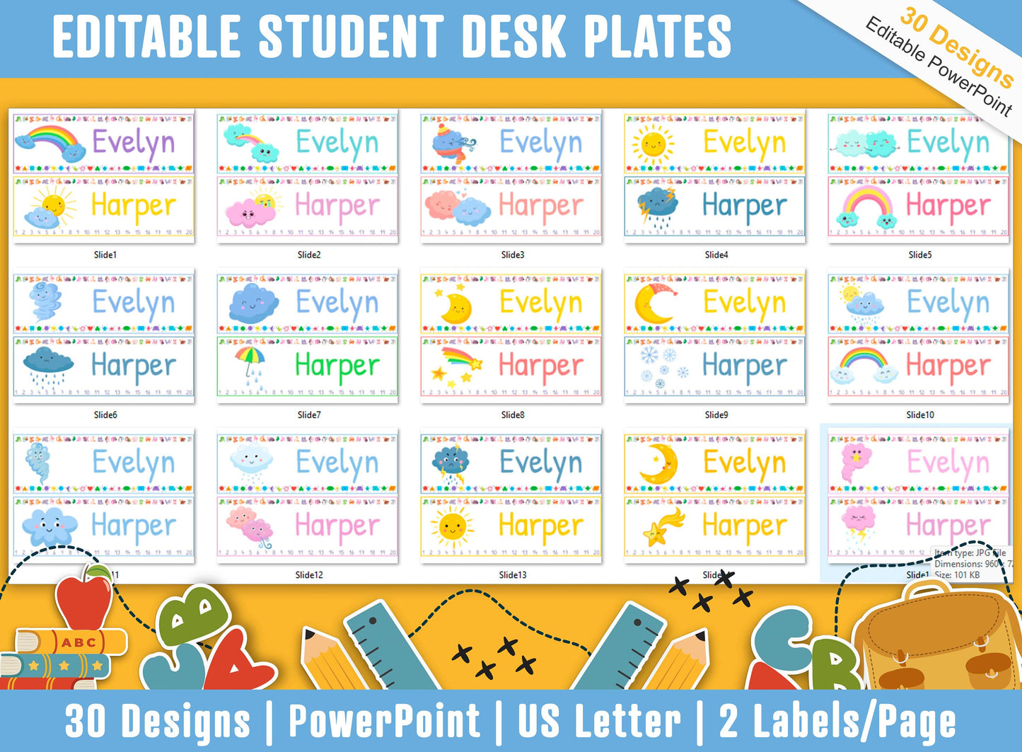 Student Desk Plates, 30 Printable/Editable Cute Weather Classroom Name Tags/Name Plates for Student, a Helpful Addition to Your Classroom