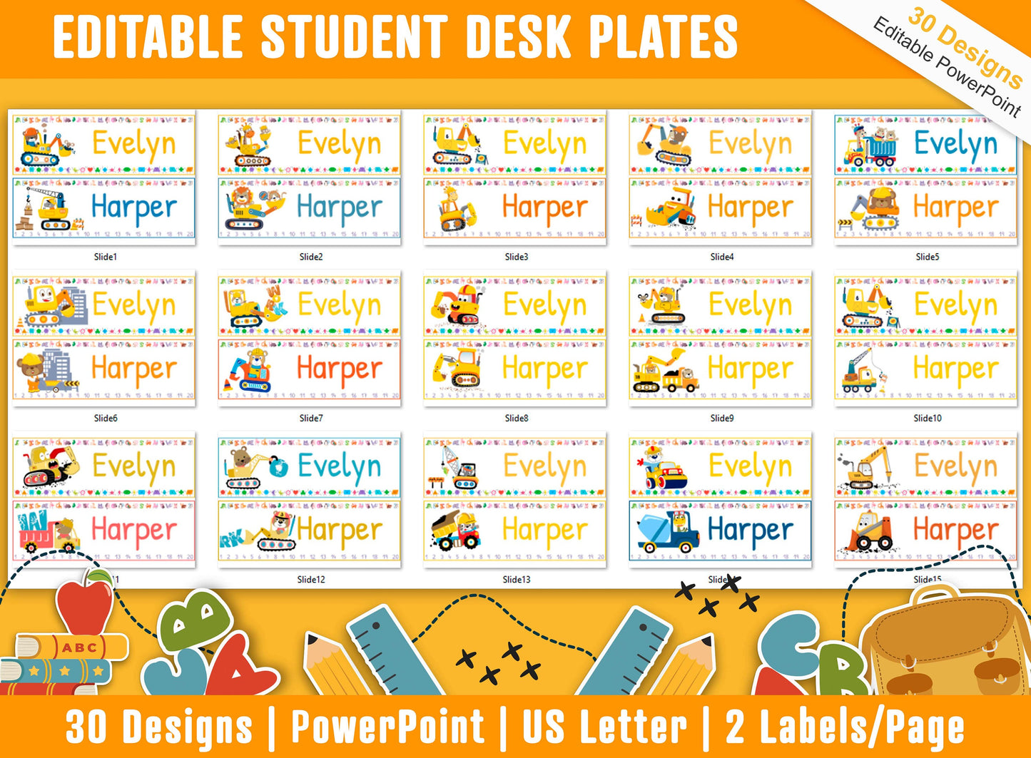Student Desk Plates 30 Printable/Editable Construction Vehicles Classroom Name Tags/Name Plates, a Helpful Addition to Your Classroom