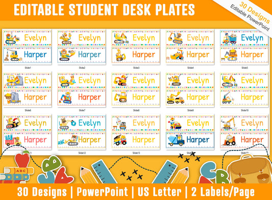 Student Desk Plates 30 Printable/Editable Construction Vehicles Classroom Name Tags/Name Plates, a Helpful Addition to Your Classroom