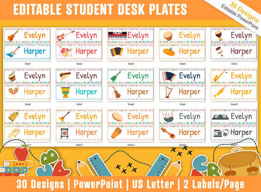 Student Desk Plates 30 Printable/Editable Musical Instruments Classroom Name Tags/Name Plates, a Helpful Addition to Your Classroom