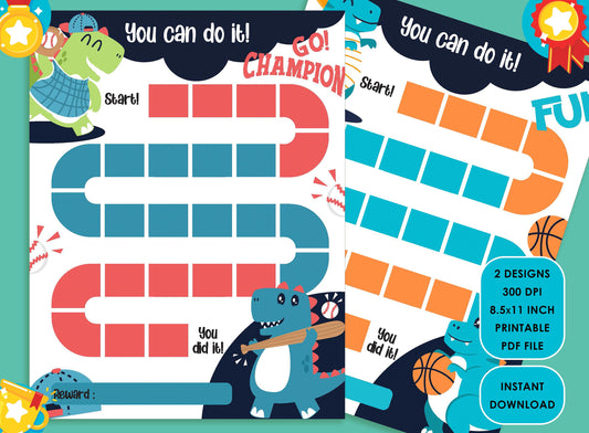 Printable Dinosaur Playing Sports Reward Chart for Kids, a Way of Guiding Children Towards Positive Behavior 2 Designs PDF, Instant Download