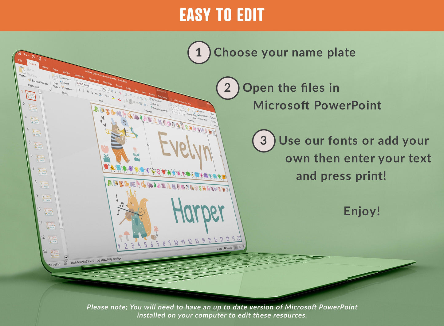 Student Desk Plates, 30 Printable/Editable Animal Playing Music Classroom Name Tags & Name Plates; a Helpful Addition to Your Classroom