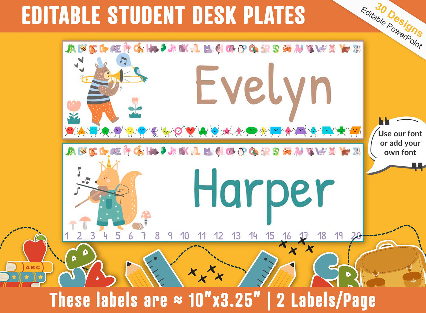 Student Desk Plates, 30 Printable/Editable Animal Playing Music Classroom Name Tags & Name Plates; a Helpful Addition to Your Classroom