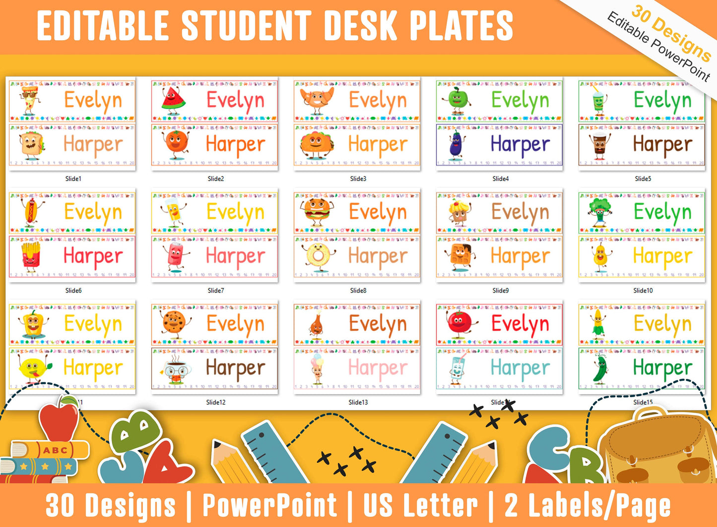Student Desk Plates, 30 Printable/Editable funny Food & Drink Classroom Name Tags/Name Plates, a Helpful Addition to Your Classroom