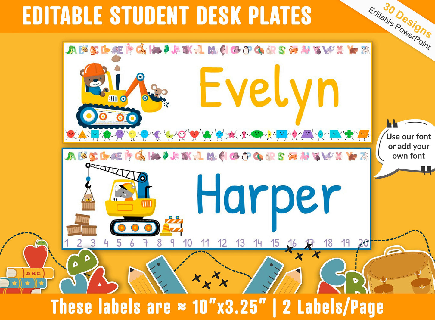 Student Desk Plates 30 Printable/Editable Construction Vehicles Classroom Name Tags/Name Plates, a Helpful Addition to Your Classroom