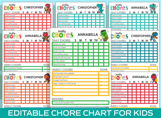 Roar-some Dinosaur Chore Chart: Printable and Editable for Kids, PDF File, Instant Download