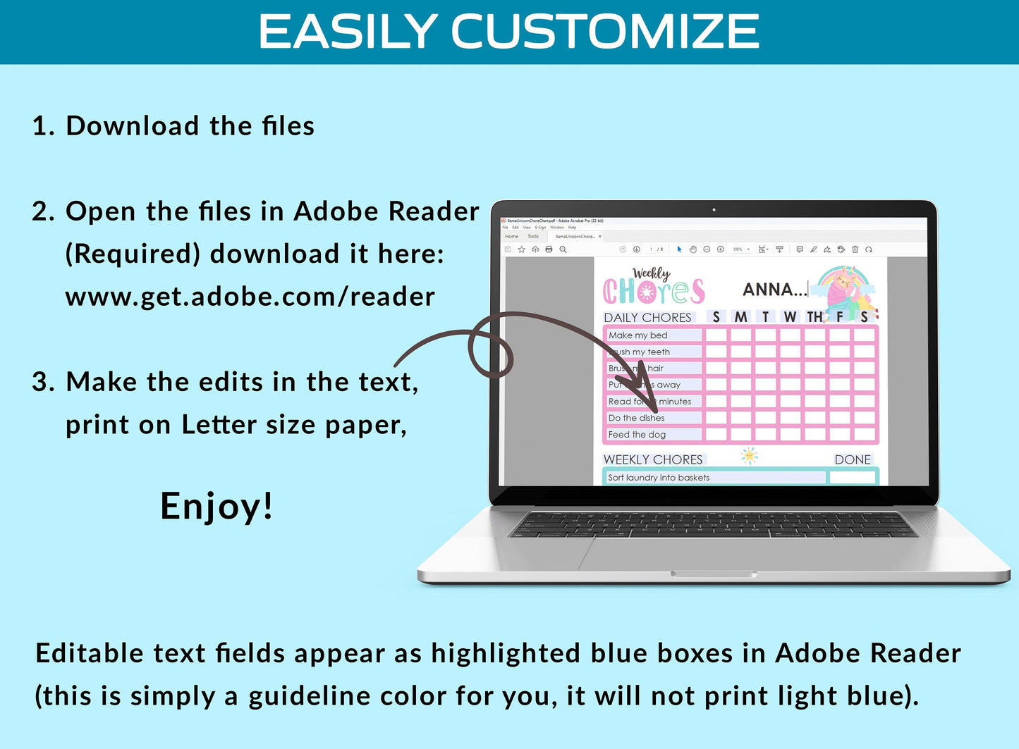 Sparkly Llama Unicorn Chore Chart: Fun and Customizable for Kids, PDF File, Instant Download