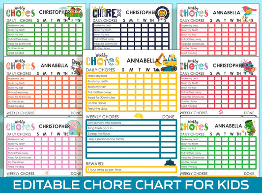 Printable and Editable Chore Chart for 6 Year Old : Making Daily Tasks Fun and Easy, PDF File, Instant Download