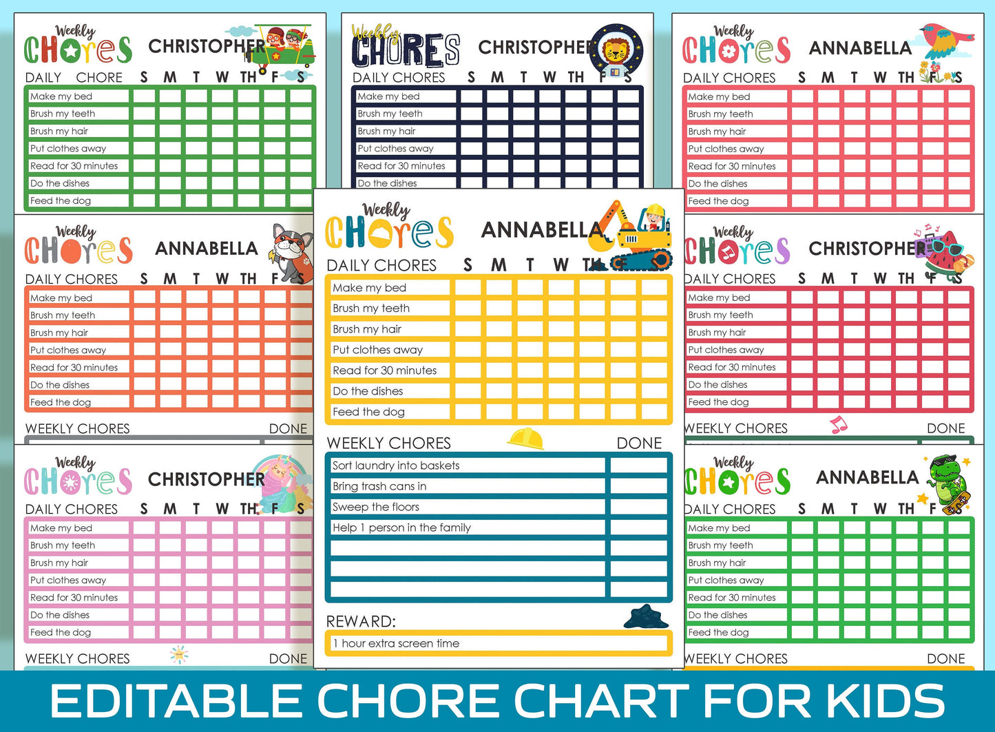 Printable and Editable Chore Chart for 6 Year Old : Making Daily Tasks Fun and Easy, PDF File, Instant Download