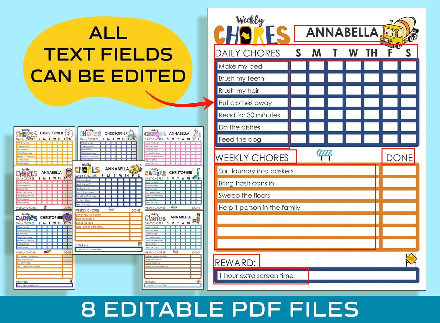 8 Printable and Editable Chore Chart Ideas with Adorable Designs: Instant Download PDF File Included