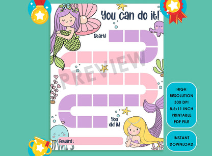 Printable Mermaid Reward Chart for Kids, a Way of Guiding Children Towards Positive Behavior, 2 Designs, PDF File, Instant Download