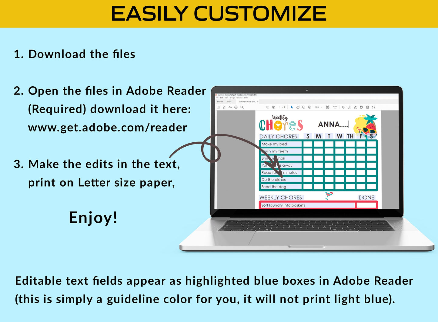 Printable & Editable Summer Chore Chart for Kids: Keep Them Organized and Motivated All Season Long - PDF File, Instant Download