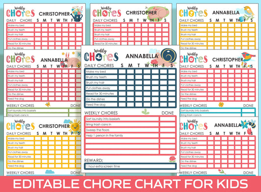 Get Organized this Spring with a Printable and Editable Chore Chart for Kids, PDF File, Instant Download