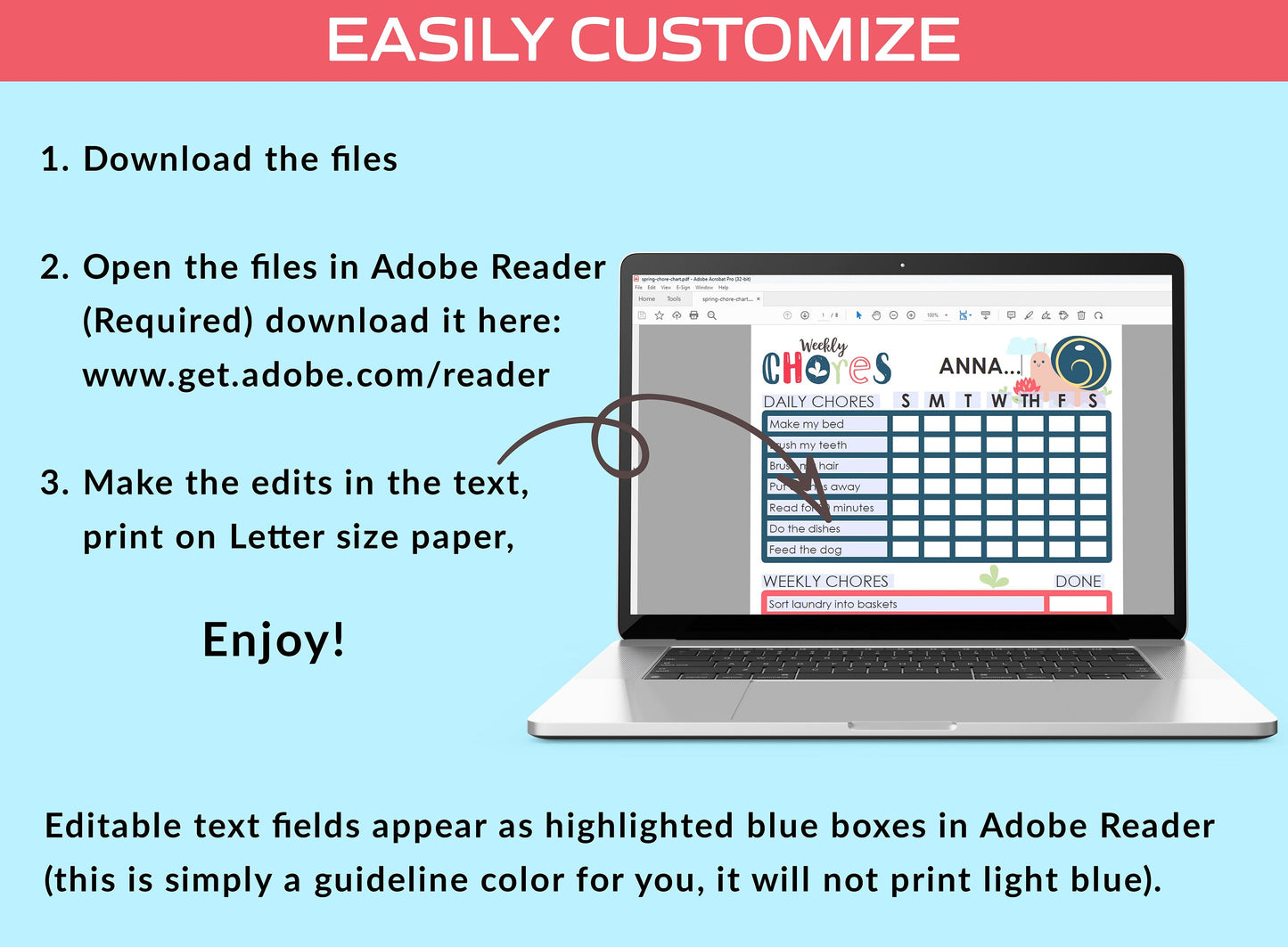 Get Organized this Spring with a Printable and Editable Chore Chart for Kids, PDF File, Instant Download
