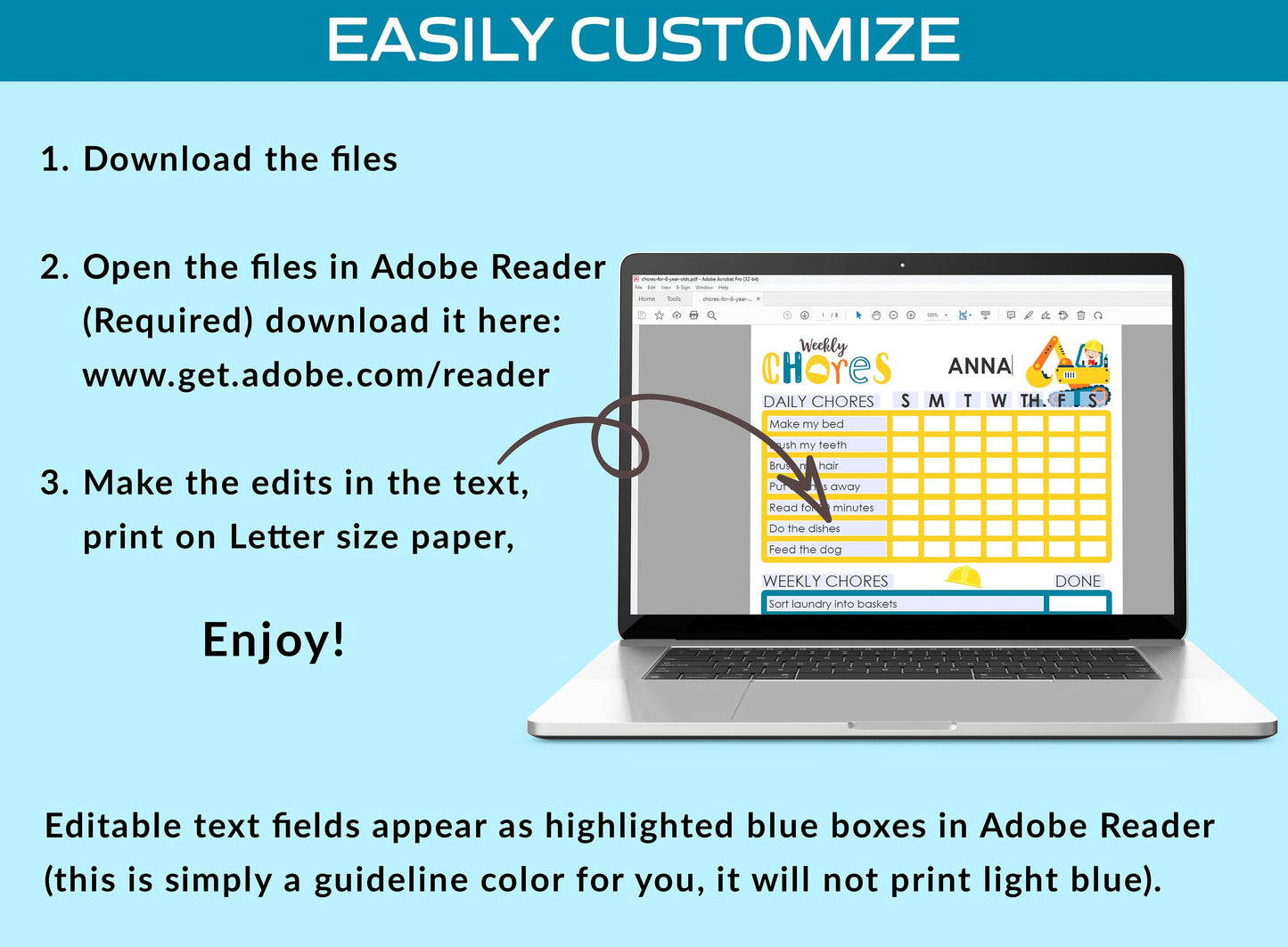 Printable and Editable Chore Chart for 6 Year Old : Making Daily Tasks Fun and Easy, PDF File, Instant Download